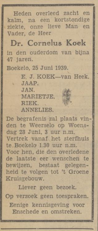 Boekelosestraat 399 Dr. C. Koek overlijdensadvertentie Tubantia 26-6-1939.jpg