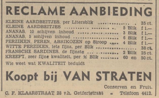 C.F. Klaarstraat 28 v.h. Getfertstraat conserven en fruit Van Straten advertentie Tubantia 11-5-1938.jpg