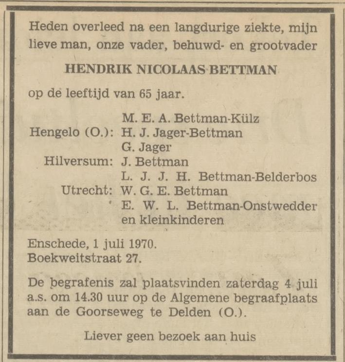 Boekweitstraat 27 H.N. Bettman overlijdensadvertentie Tubantia 2-7-1970.jpg