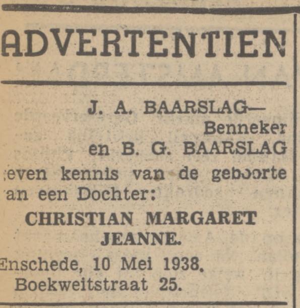 Boekweitstraat 25 B.G. Baarslag advertentie Tubantia 11-5-1938.jpg