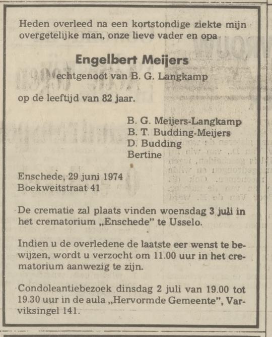 Boekweitstraat 41 Engelbert Meijers overlijdensadvertentie Tubantia 1-7-1974.jpg