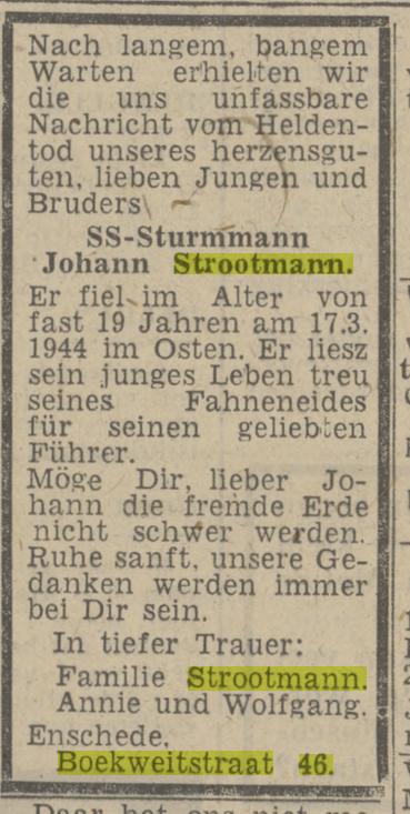 Boekweitstraat 46 Johann Strootmann overlijdensadvertentie Twentsch nieuwsblad 27-5-1944.jpg