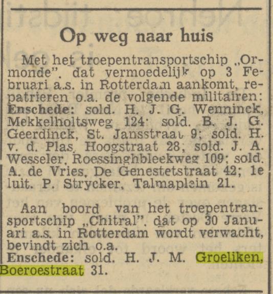Boeroestraat 31 soldaat H.J.M. Groeliken krantenbericht Tubantia 25-1-1951.jpg