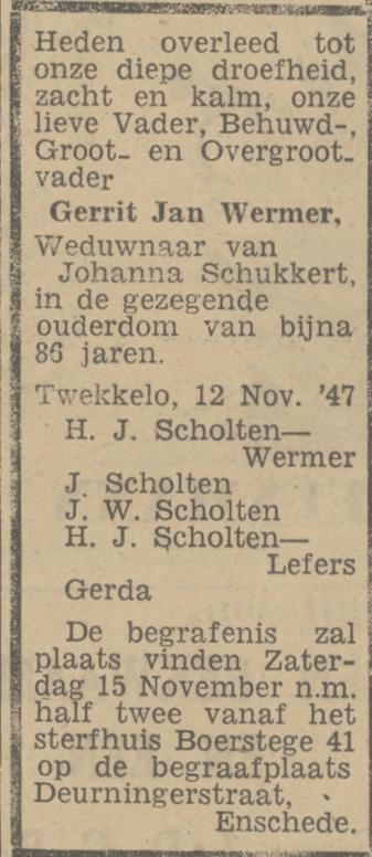 Boerstege 41 G.J. Wermer overlijdensadvertentie Tubantia 13-11-1947.jpg