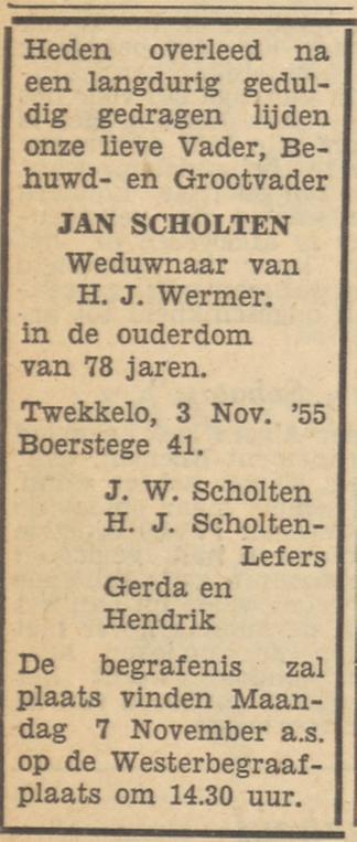 Boerstege 41 Jan Scholten overlijdensadvertentie Tubantia 4-11-1955.jpg