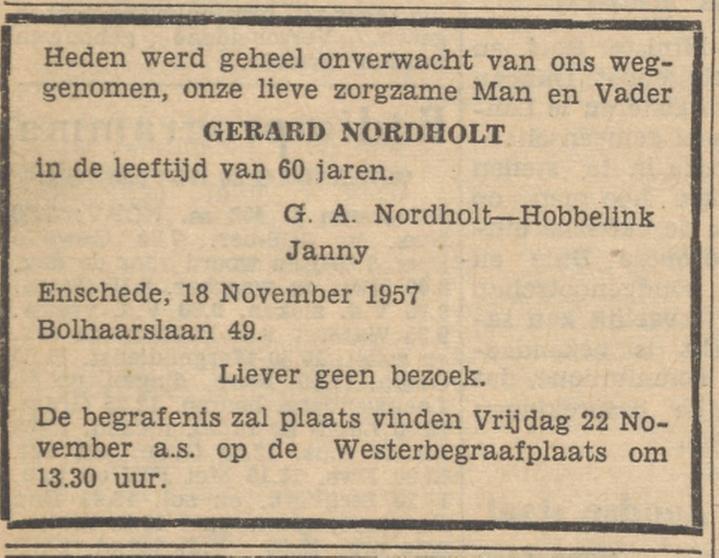 Bolhaarslaaan 49 Gerhard Nordholt overlijdensadvertentie Tubantia 19-11-1957.jpg