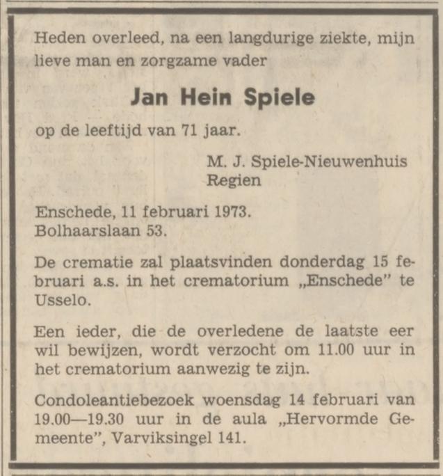 Bolhaarslaan 53 Jan Hein Spiele overlijdensadvertentie Tubantia 12-2-1973.jpg
