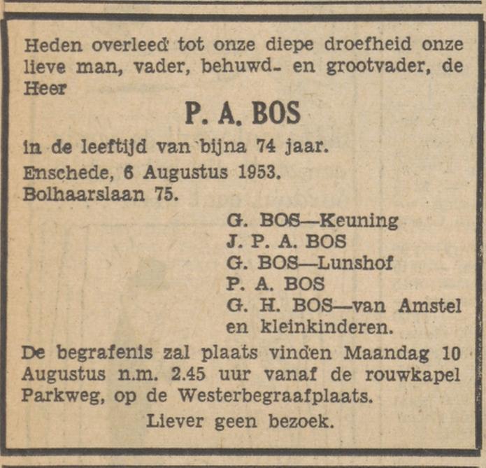 Bolhaarslaan 75 P.A. Bos overlijdensadvertentie Tubantia 8-8-1953.jpg