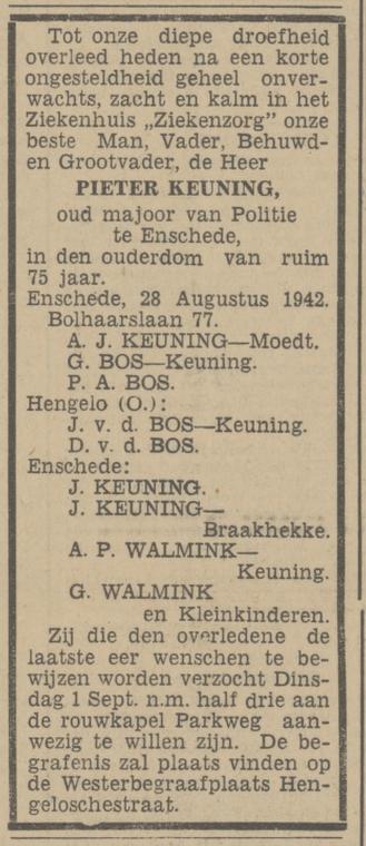 Bolhaarslaan 77 Pieter Keuning overlijdensadvertentie Tubantia 29-8-1942.jpg