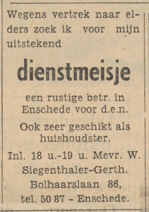 Bolhaarslaan 86 Mevr. W. Siegenthaler-Gerth advertentie Tubantia 7-11-1962.jpg