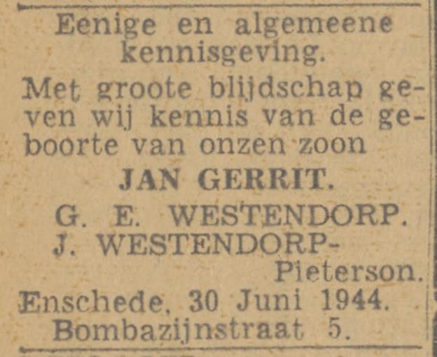 Bombazijnstraat 3 G.E, Westendorp advertentie Twentsch nieuwsblad 1-7-1944.jpg
