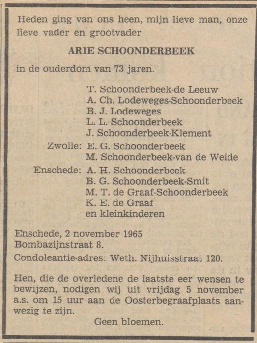 Bombazijnstraat 8 Arie Schoonderbeek overlijdensadvertentie Tubantia 3-11-1965.jpg