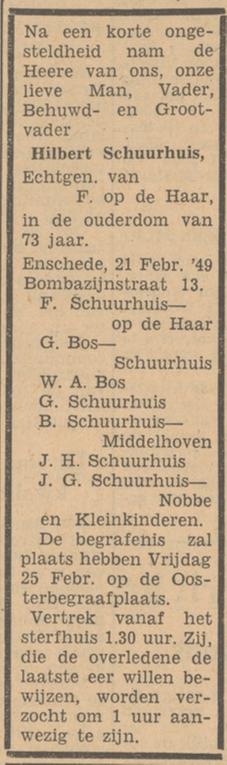 Bombazijnstraat 13 Hilbert Schuurhuis overlijdensadvertentie Tubantia 22-2-1949.jpg