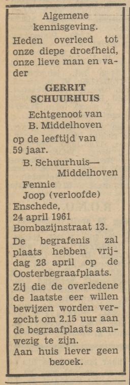 Bombazijnstraat 13 Gerrit Schuurhuis overlijdensadvertentie Tubantia 25-4-1961.jpg