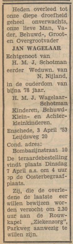 Bombazijnstraat 10 Jan Wagelaar overlijdensadvertentie Tubantia 4-4-1953.jpg