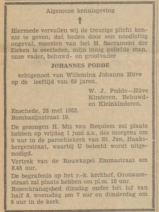 Bombazijnstraat 19 Johannes Podde overlijdensadvertentie Tubantia 30-5-1962.jpg