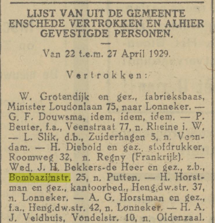 Bombazijnstraat 25 Wed. J.M. Bekkers-de Heer krantenbericht Tubantia 2-5-1929.jpg
