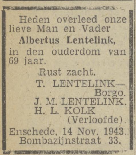 Bombazijnstraat 33 Albertus Lentelink overlijdensadvertentie Twentsch nieuwsblad 15-11-1943.jpg