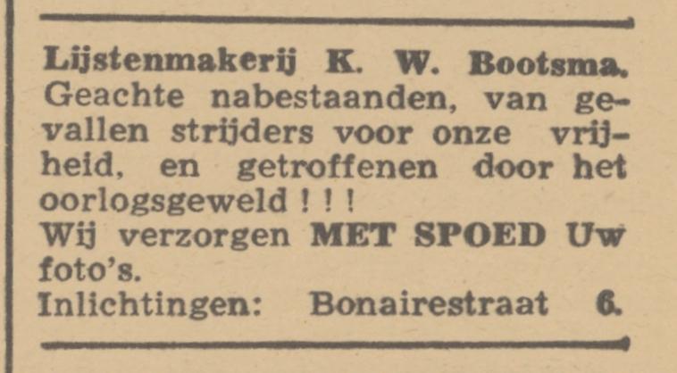 Bonairestraat 6 Lijstenmakerij K.W. Bootsma advertentie Trouw 28-4-1945.jpg