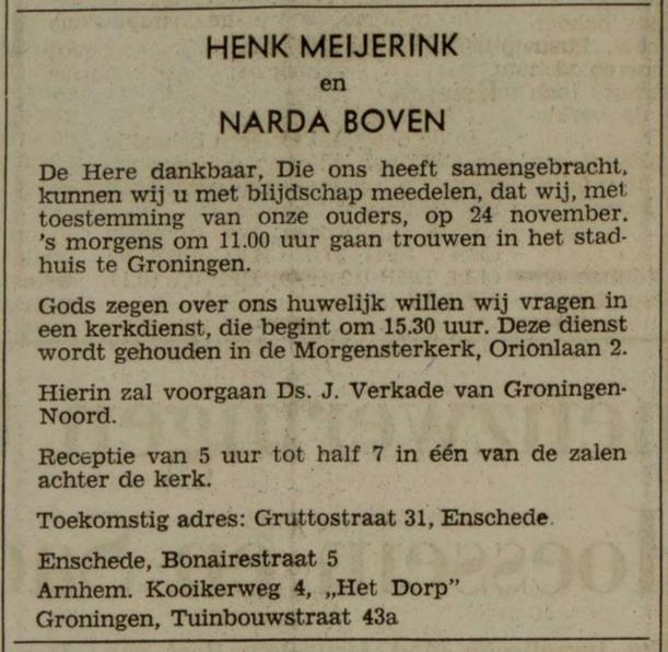 Bonairestraat 5 Henk Meijerink advertentie Nederlands dagblad  gereformeerd gezinsblad 21-11-1972.jpg