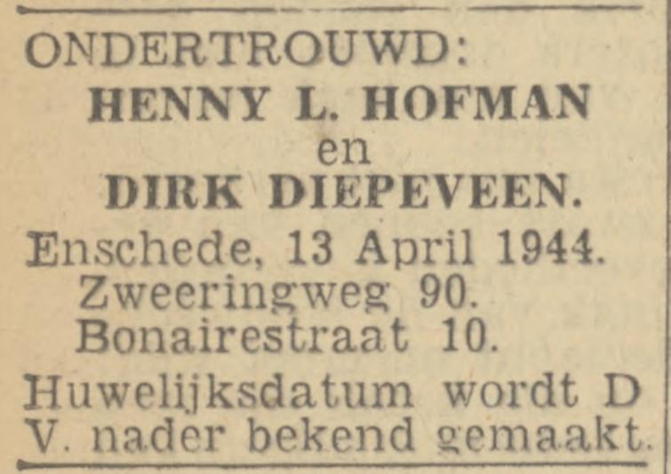 Bonairestraat 10 Dirk Diepeveen advertentie Twentsch nieuwsblad 13-4-1944.jpg