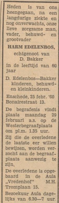 Bonairestraat 13 Harm Edelenbos overlijdensadvertentie Tubantia 26-2-1960.jpg