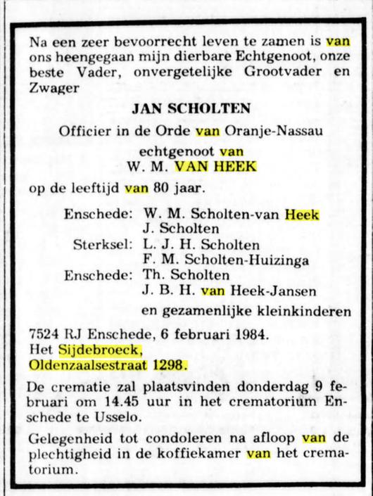 Oldenzaalsestraat 1298 Het Sijdebroeck Jan Scholten overlijdensadvertentie De Telegraaf 8-2-1984.jpg