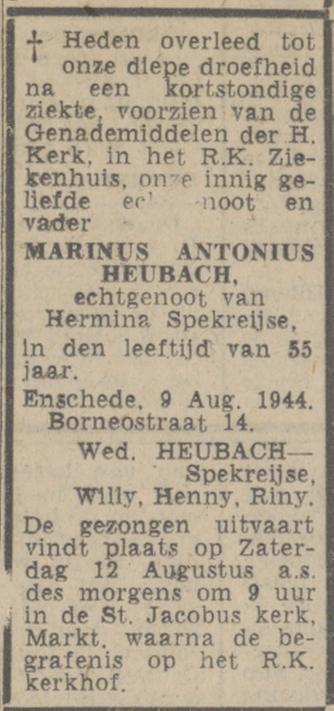 Borneostraat 14 M.A. Heubach overlijdensadvertentie Twentsch nieuwsblad 11-8-1944.jpg