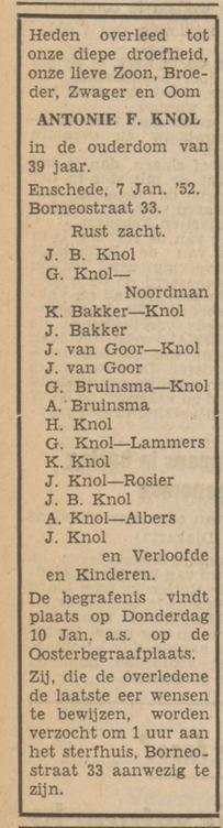 Begoniastraat 33 A.F. Knol overlijdensadvertentie Tubantia 8-1-1952.jpg