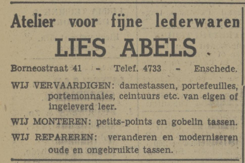 Borneostraat 41 Lies Abels advertentie Tubantia 10-4-1948.jpg