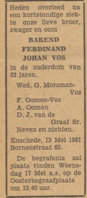 Borneostraat 65 B.F.J. Vos overlijdensadvertentie Tubantia 15-5-1961.jpg