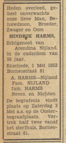 Borneostraat 61 Hindrik Harms overlijdensadvertentie Tubantia 1-5-1952.jpg