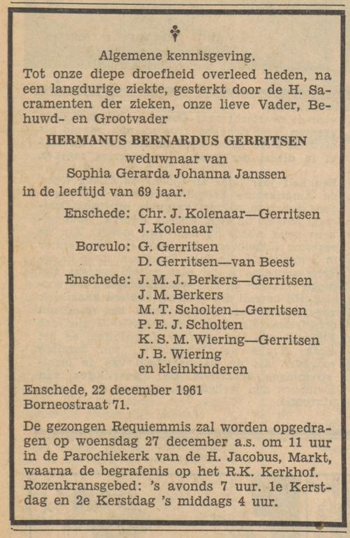 Borneostraat 71 H.B. Gerritsen overlijdensadvertentie Tubantia 23-12-1961.jpg
