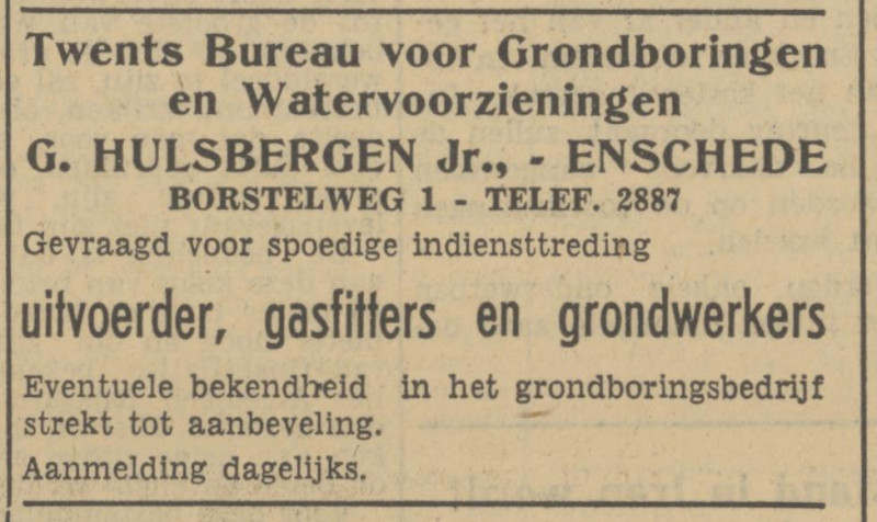 Borstelweg 1 Twents Bureau voor Grondboringen en Watervoerzieningen G. Hulsbergen Jr. advertentie Tubantia 10-1-1951.jpg