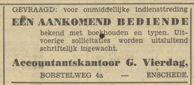 Borstelweg 4a Accountantskantoor G. Vierdag advertentie Tubantia 11-4-1950.jpg