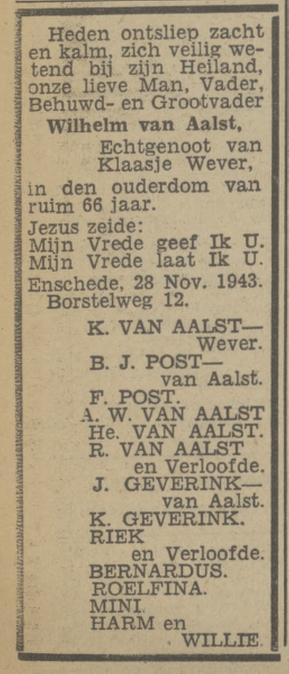 Borstelweg 12 Wilhelm van Aalst overlijdensadvertentie Twentsch neiwsblad 29-11-1943.jpg