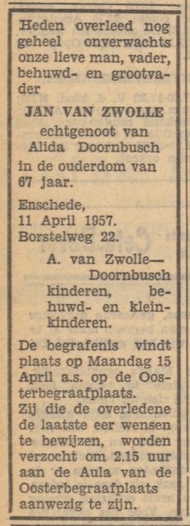 Borstelweg 22 Jan van Zwolle overlijdensadvertentie Tubantia 12-4-1957.jpg