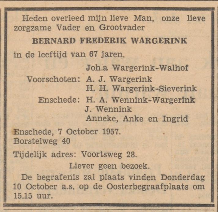 Borstelweg 40 B.F. Wargerink overlijdensadvertentie Tubantia 8-10-1957.jpg