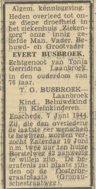 Borstelweg 42 Evert Busbroek overlijdensadvertentie Twentsch nieuwsblad 8-6-1944.jpg
