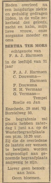 Borstelweg 50 Bertha ter Mors overlijdensadvertentie Tubantia 31-5-1963.jpg