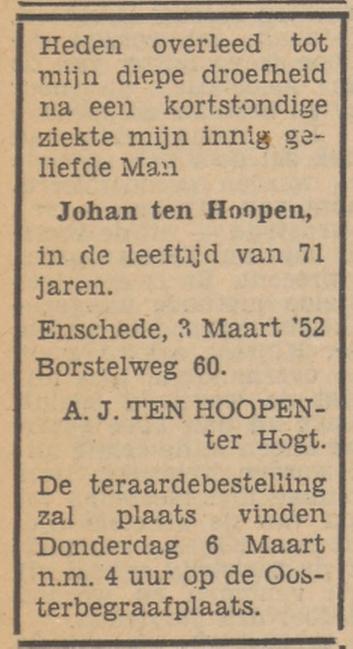 Borstelweg 60 Johan ten Hoopen overlijdensadvertentie Tubantia 4-3-1952.jpg