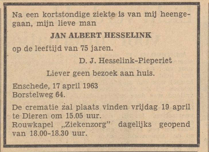 Borstelweg 64 J.A. Hesselink overlijdensadvertentie Tubantia 18-4-1963.jpg