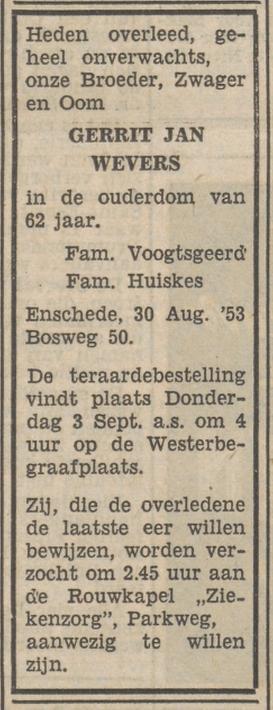 Bosweg 50 G.J, Wevers overlijdensadvertentie Tubantia 1-9-1953.jpg
