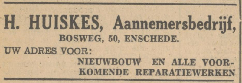 Bosweg 50 H. Huiskes Aannemersbedrijf advertentie Tubantia 26-4-1947.jpg