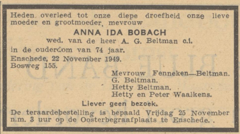 Bosweg 155 Wed. A.I. Beltman-Bobach overlijdensadvertentie Algemeen HandelsblaD 23-11-1949.jpg