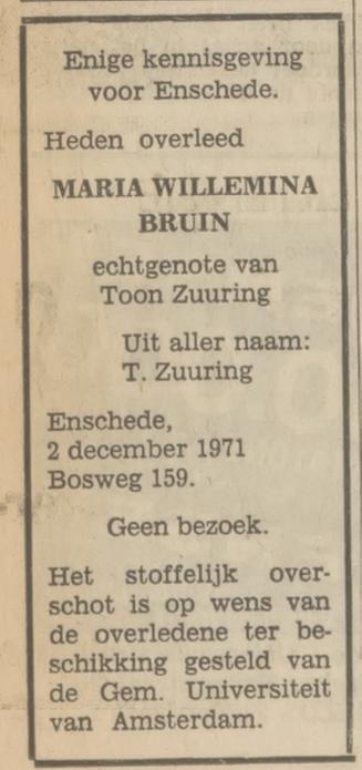 Bosweg 159 M.W. Bruin overlijdensadvertentie Tubantia 3-12-1971.jpg