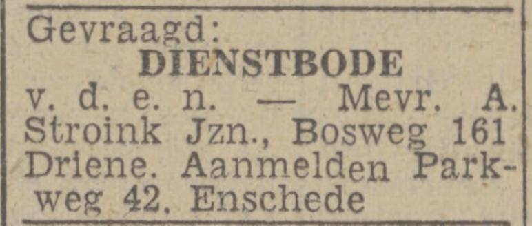 Bosweg 161 Driene Mevr. A. Stroink Jzn advertentie Twentsch nieuwsblad 30-9-1943.jpg