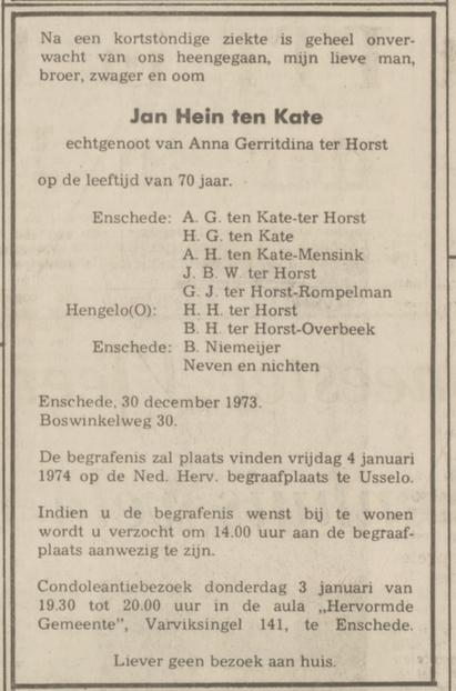 Boswinkelweg 30 Jan Hein ten Kate overlijdensadvertentie Tubantia 2-1-1974.jpg