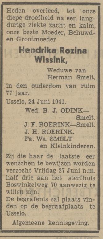 Boswinkelweg 70 Wed. H.R. Smelt-Wissink overlijdensadvertentie Tubantia 25-9-1941.jpg