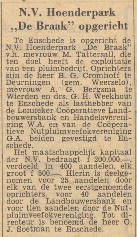 De Braakweg 141 Hoenderpark De Braak v.h. Mevr. M. Tattersall krantenbericht Tubantia 11-8-1959.jpg